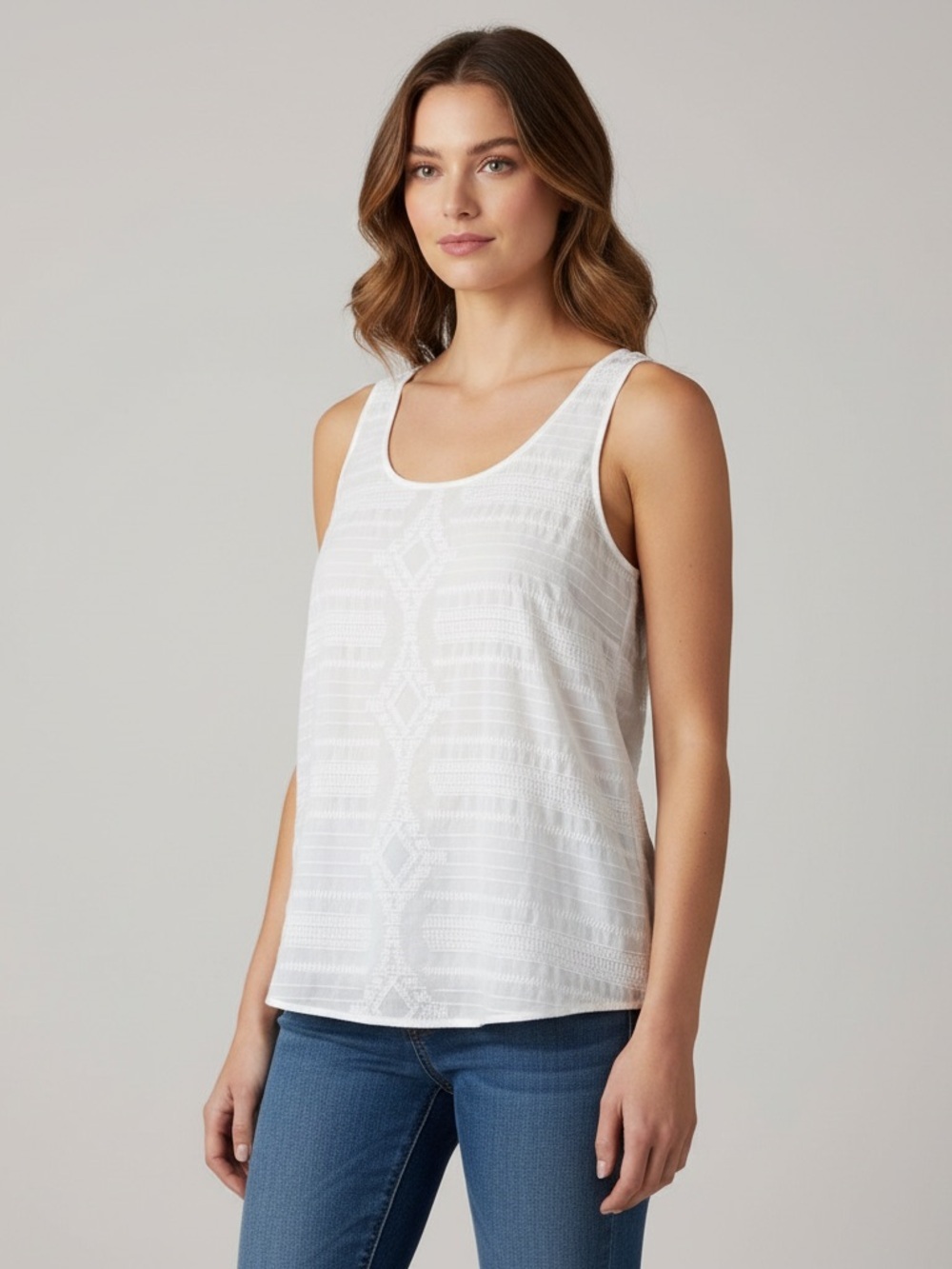 LOFT White Embroidered Diamond Pattern Sleeveless Tank Top Size S